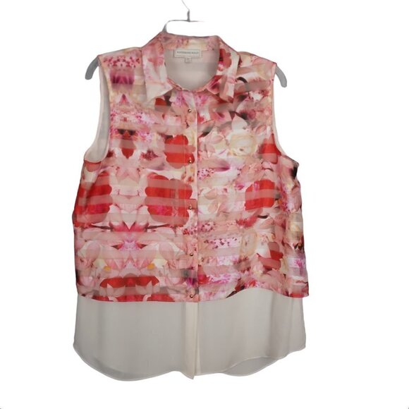 Katherine Kelly | Sheer Floral Blouse Top Red Pink Ivory | Size L - Picture 1 of 10